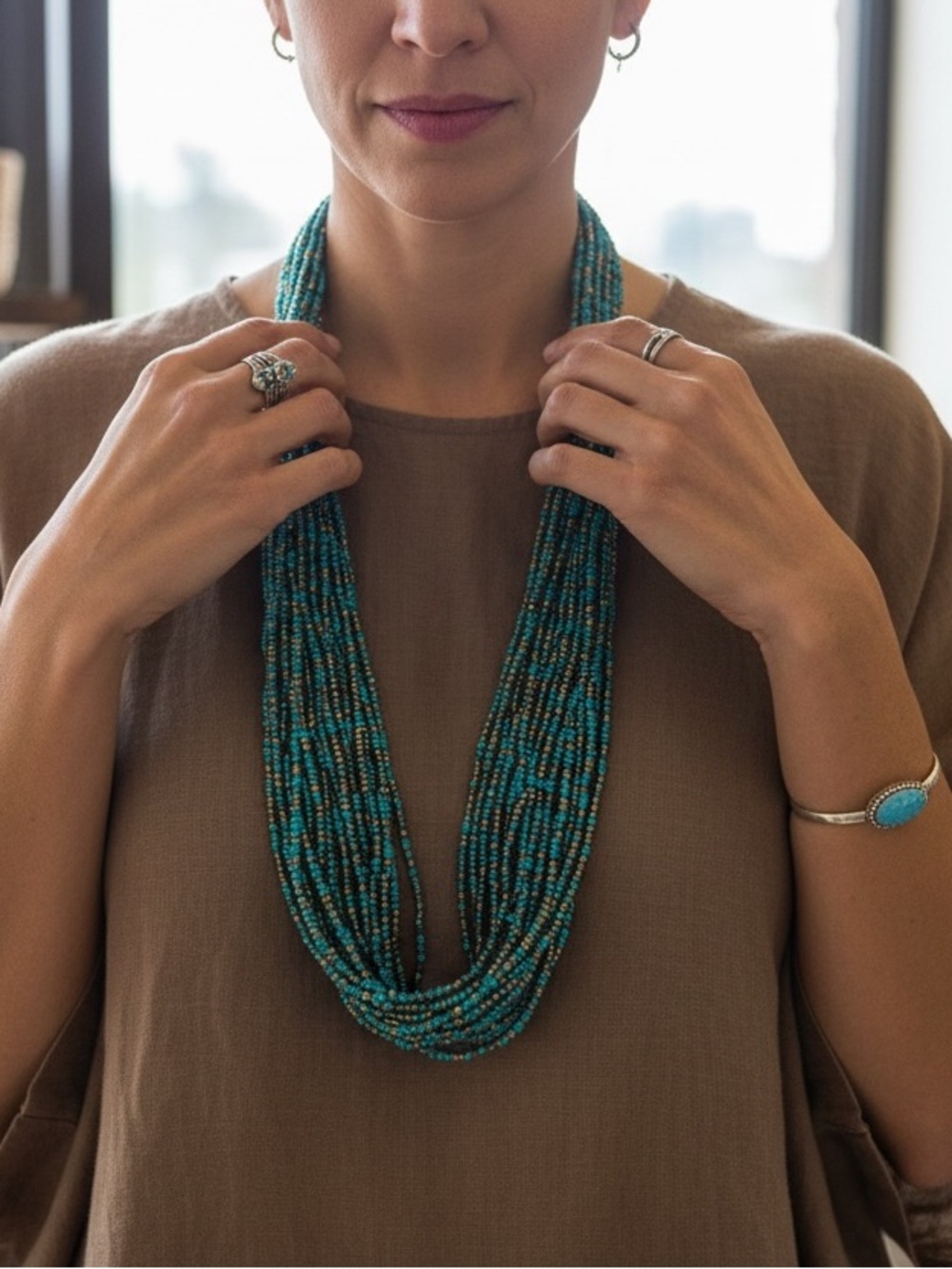 Tent Yue multi stranded necklace green and gold seed beads
